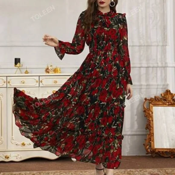 SHEIN Red and Black Floral Long Sleeve Dress - Picture 1 of 7